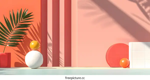 Minimalist Abstract Background With Orange and Yellow Spheres and Palm Leaf