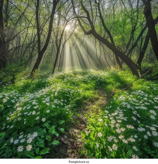 The sun shines through the trees in the forest