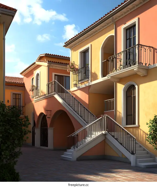 Mediterranean Style Courtyard with Staircase and Balcony