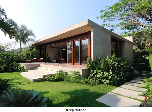 Modern Concrete House with Large Windows and Lush Greenery