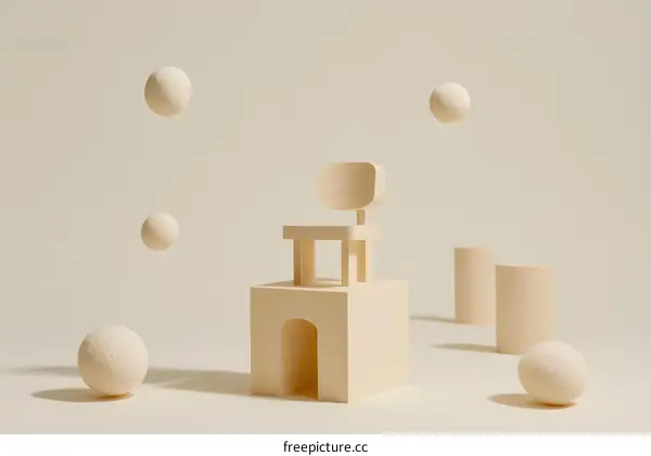Minimalist 3D Render of Wooden Chair and Spheres