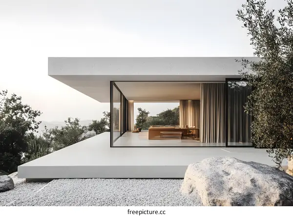 Modern Minimalist Concrete House With Large Windows and Stone Patio