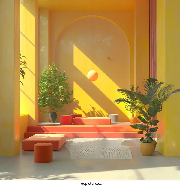 3d rendering of a room with yellow walls and a large window