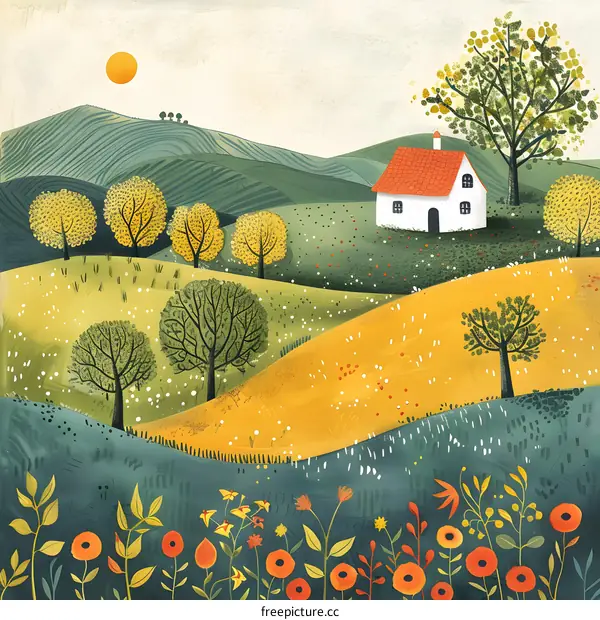 Small white house in a green landscape with red roof