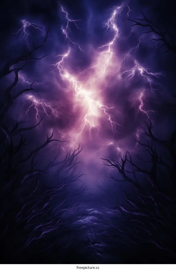 Mystical Dark Fantasy Landscape With Lightning And Trees