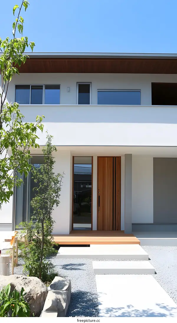 Modern Japanese House Exterior With Wood Door And Stone Path