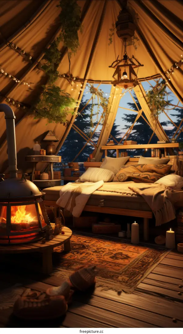 Cozy bedroom interior with a fireplace and a comfortable bed
