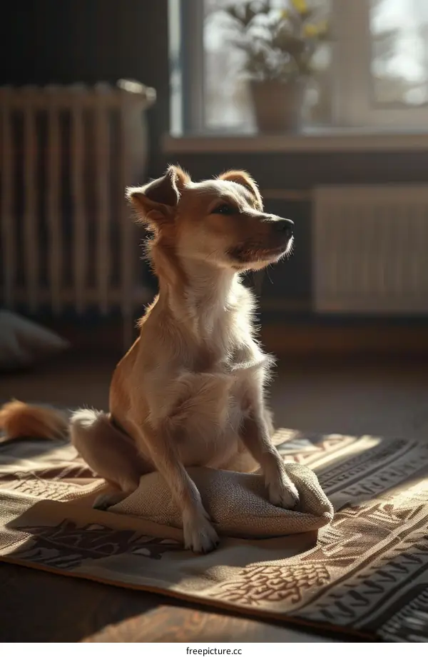 A cute dog is sitting on a yoga mat in a sunny room