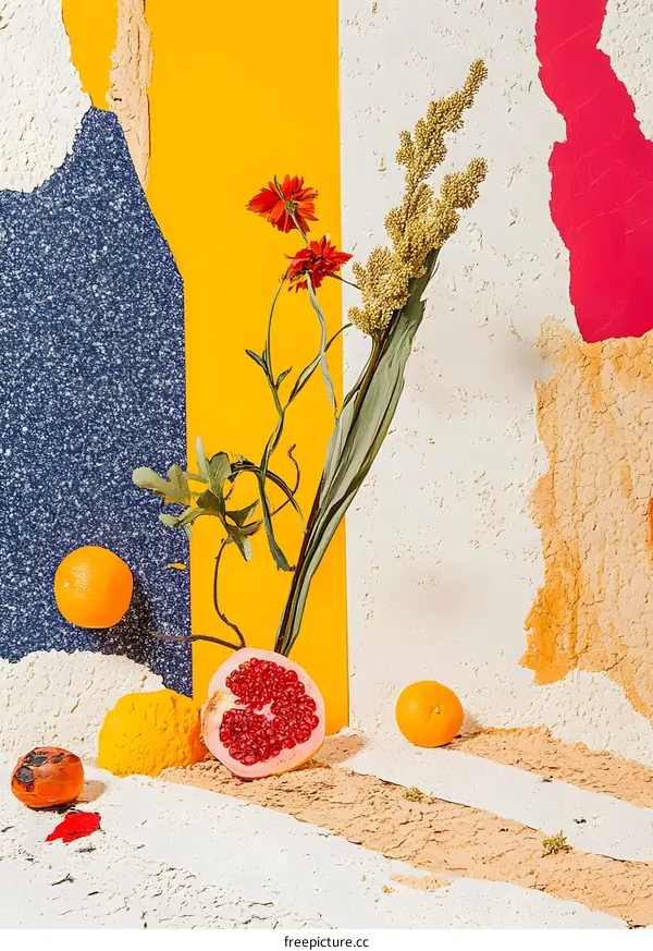 Still Life with Fruit and Flowers on a Colorful Background