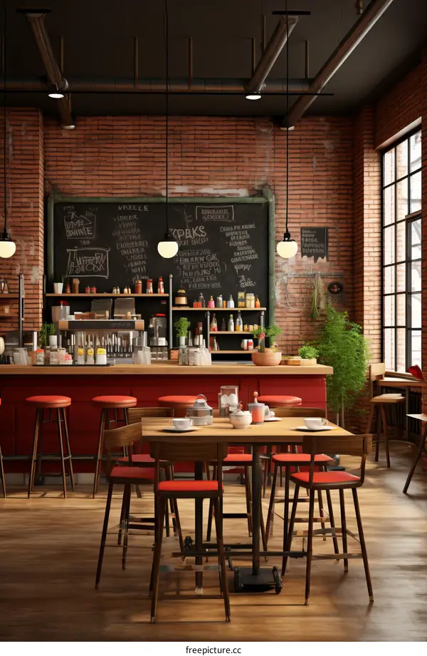 cozy coffee shop interior with brick walls and vintage furniture