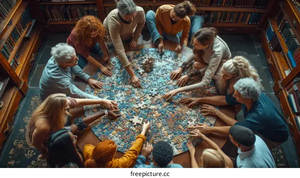 Diverse group of people of all ages working together to complete a jigsaw puzzle
