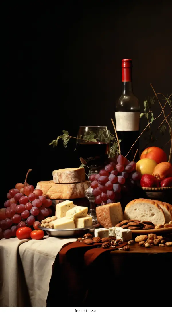 Still life with cheese, grapes, and wine