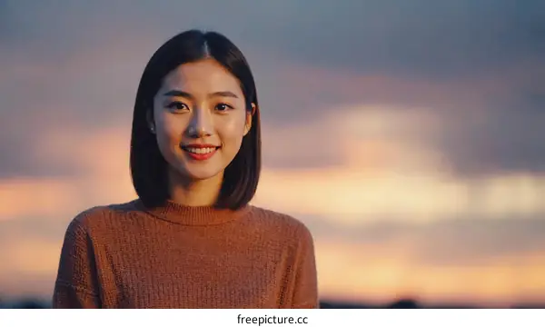 Smiling Asian Woman Outdoors at Sunset