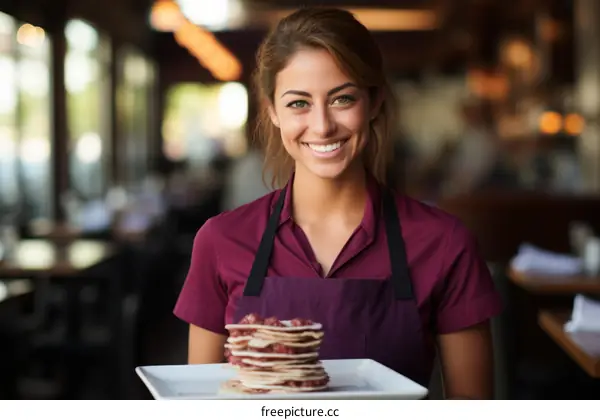 Portrait of a Smiling Waitress Holding a Plate of Food