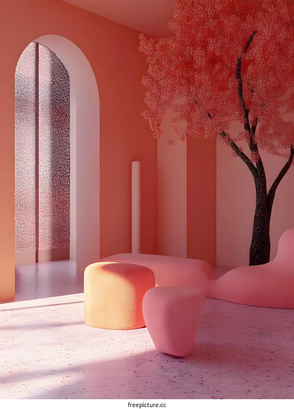 Pink Minimalist Interior Design With Arch And Tree