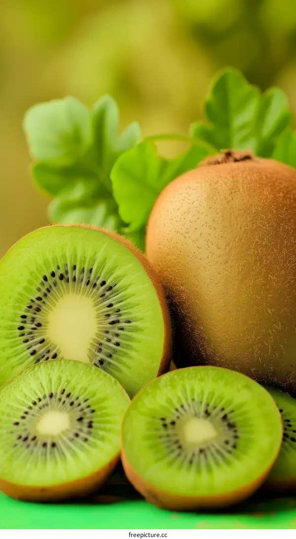 Fresh green kiwis with leaves on wooden table