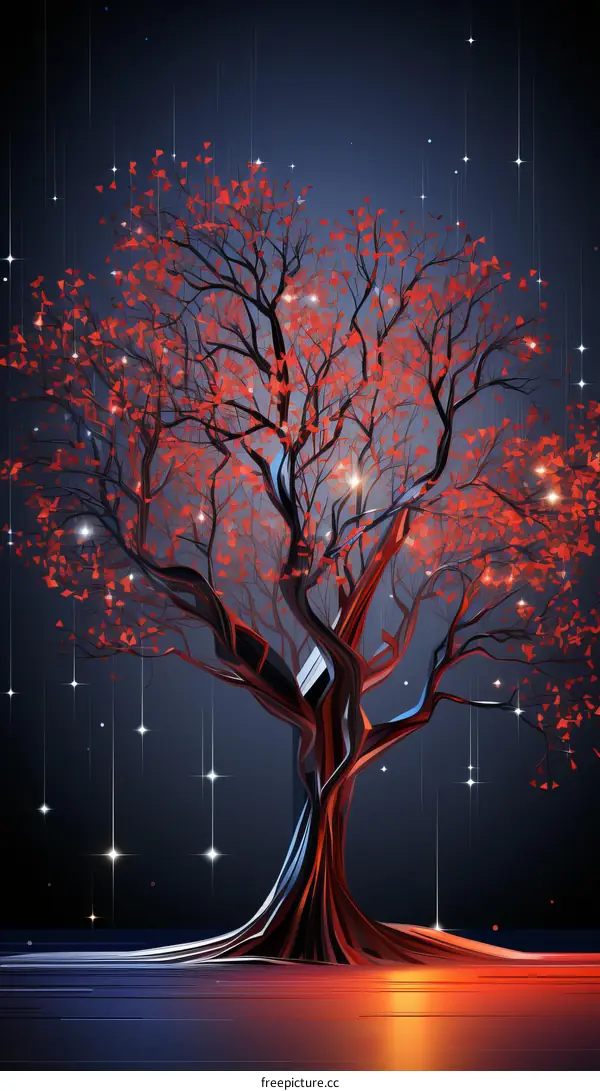 Fantasy red tree with falling stars