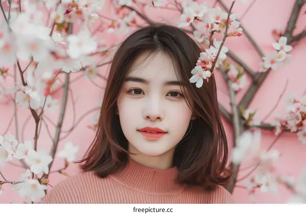 Asian Woman In Pink  Wearing  Flowers