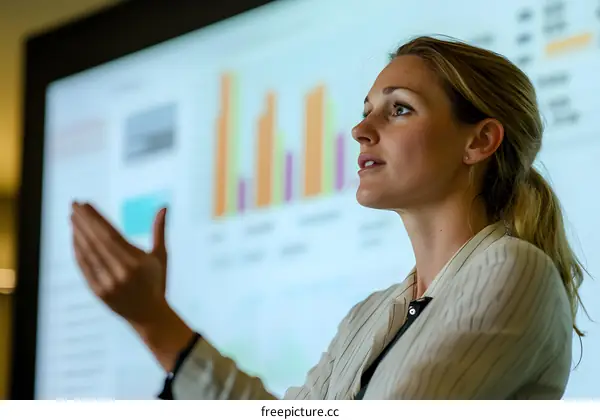 Businesswoman Presenting Data Charts on Screen