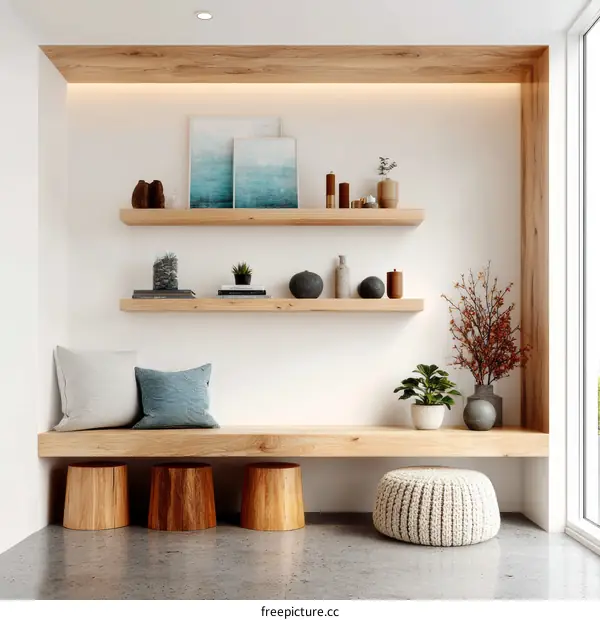 Modern Wooden Shelving Unit with Bench