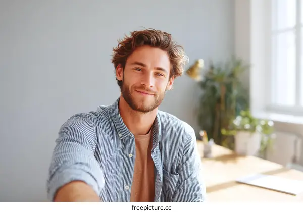 Smiling Caucasian Man in Casual Office Setting