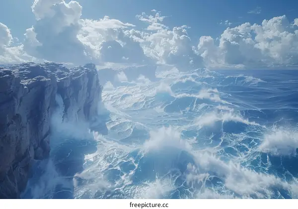 Large sea waves crashing against a rocky cliff