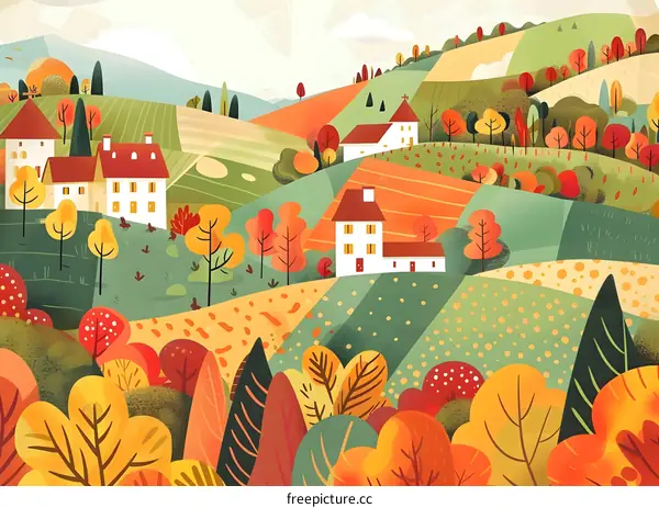 Autumn Landscape with Houses and Trees Illustration