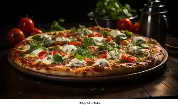 A delicious pizza with tomatoes, basil, and mozzarella cheese