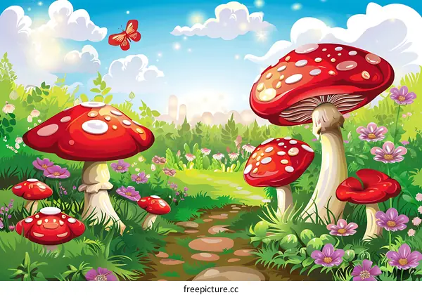 Cartoon Forest Illustration With Red Mushrooms And Butterfly