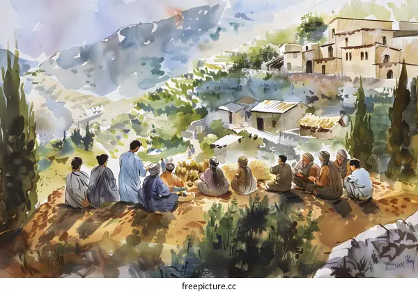 Watercolor Painting of a Village in the Mountains