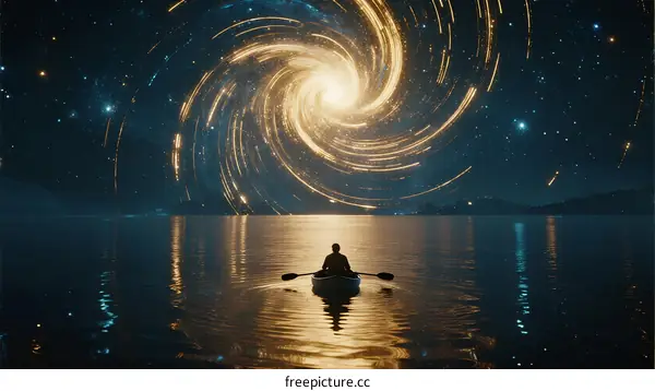 Person Kayaking Under Swirling Galaxy Stars Night Scene