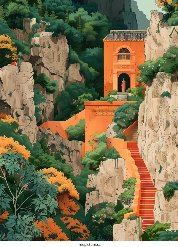 An illustration of a house in the mountains