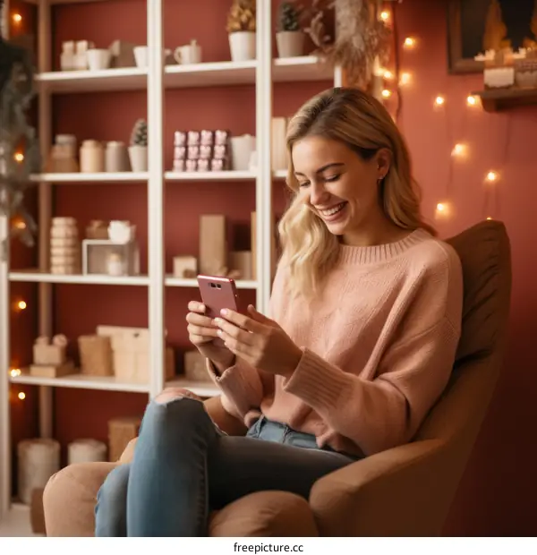 Young woman sitting in a chair and using a smartphone