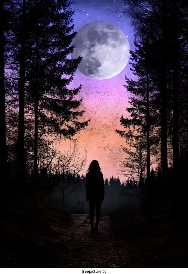 Silhouette of Woman Walking Through Forest at Night Under Full Moon