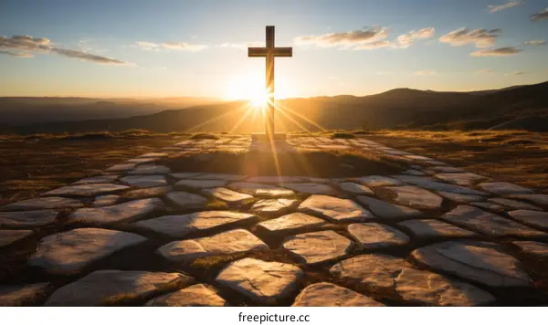 The sun shines on the cross on the hill