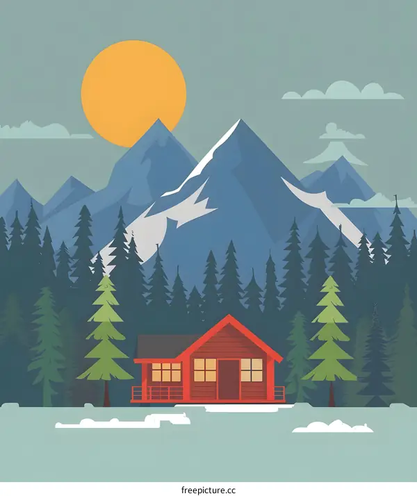 Mountain Cabin Illustration with Sun and Snow