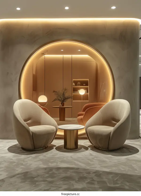Elegant and Modern Interior Design for a Beauty Salon with Comfortable Armchairs and a Round Table