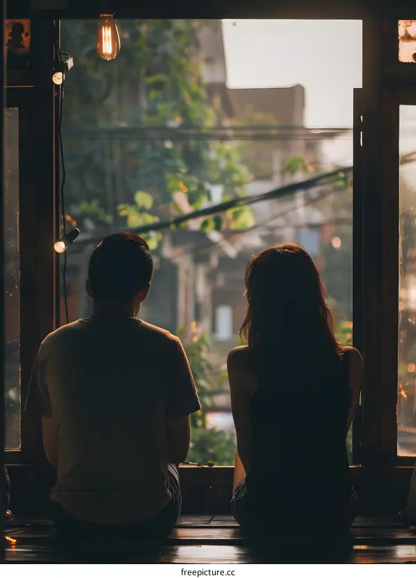 Couple Sitting by Window Looking Out at Cityscape