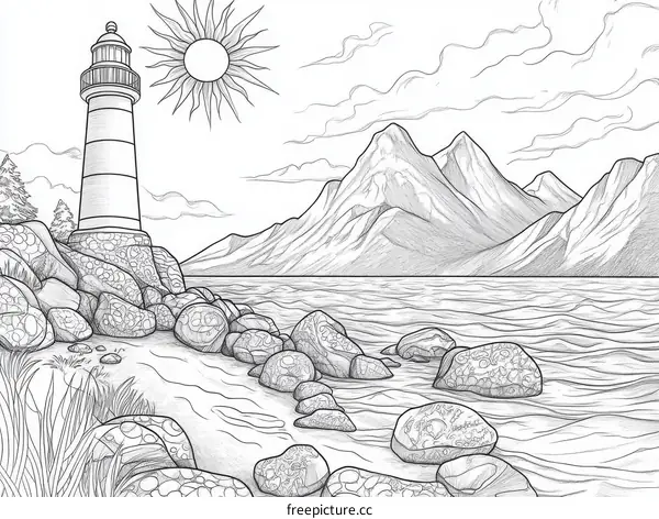 Lighthouse at Scenic Lakeside Mountain View Illustration