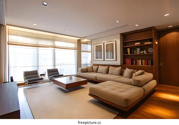 Modern Living Room with Large Sofa and Bookshelves