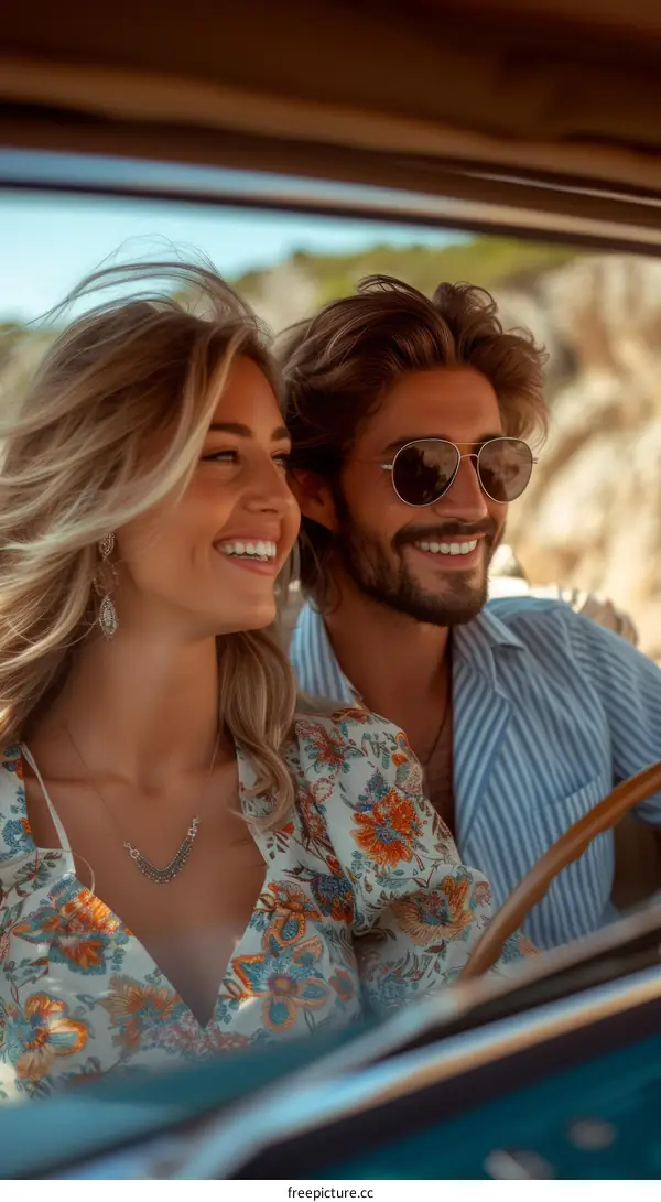 Young couple smiling and driving in a vintage car