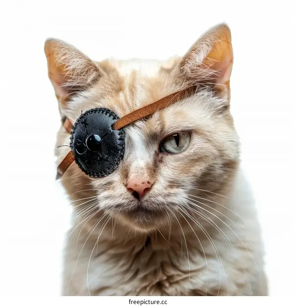 Portrait of a ginger cat wearing an eye patch
