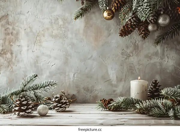 Festive Christmas Background with Fir Branches, Cones & Decorations