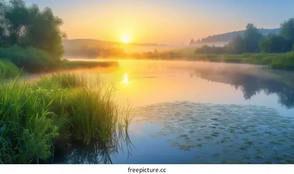 Beautiful sunrise over a lake with lily pads and tall grass in the foreground
