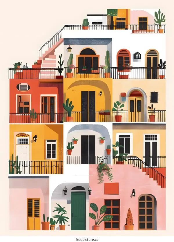 Colorful Mediterranean Building Illustration