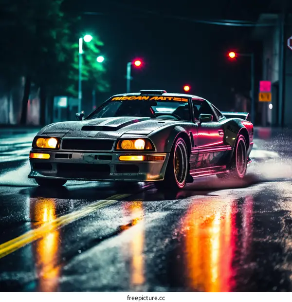 A silver sports car drives through a wet city street at night