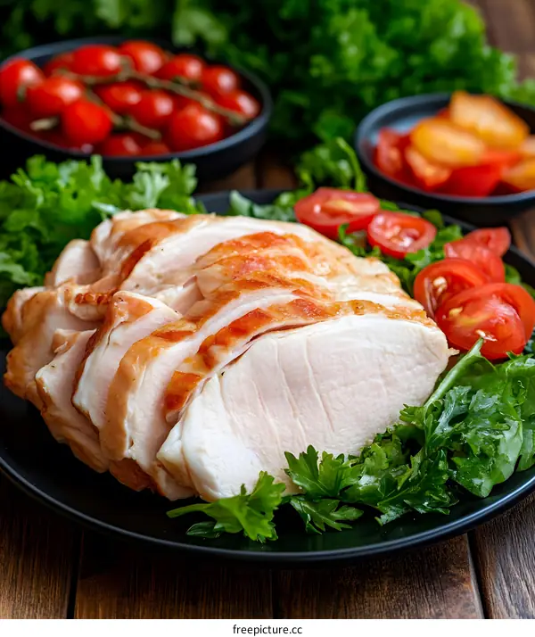 Close Up Of Roasted Chicken Breast With Greens And Cherry Tomatoes On Black Plate