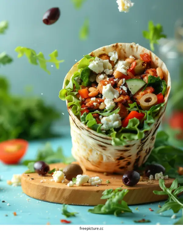 Fresh and tasty doner kebab wrap with flying ingredients
