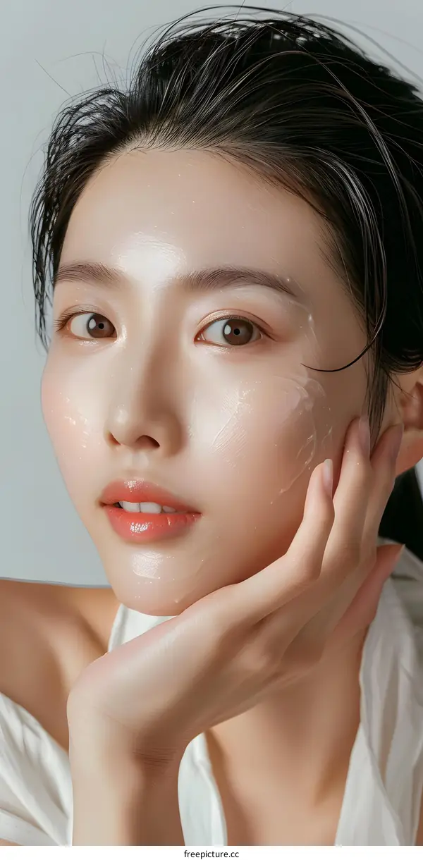 Closeup Portrait of Beautiful Asian Woman Applying Face Cream