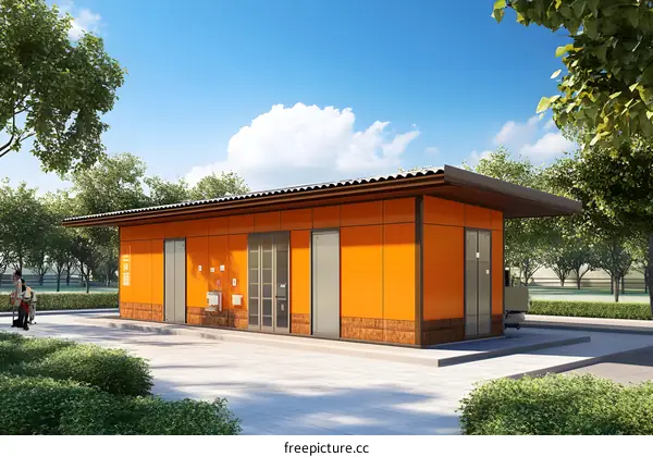 Orange Modern Building with Glass Doors and a Person on a Bike
